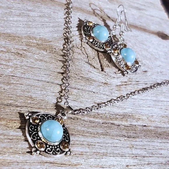 Topaz Crystal Turquoise Blue Stone Silver Chain Necklace Earrings Jewelry Set - Picture 2 of 16